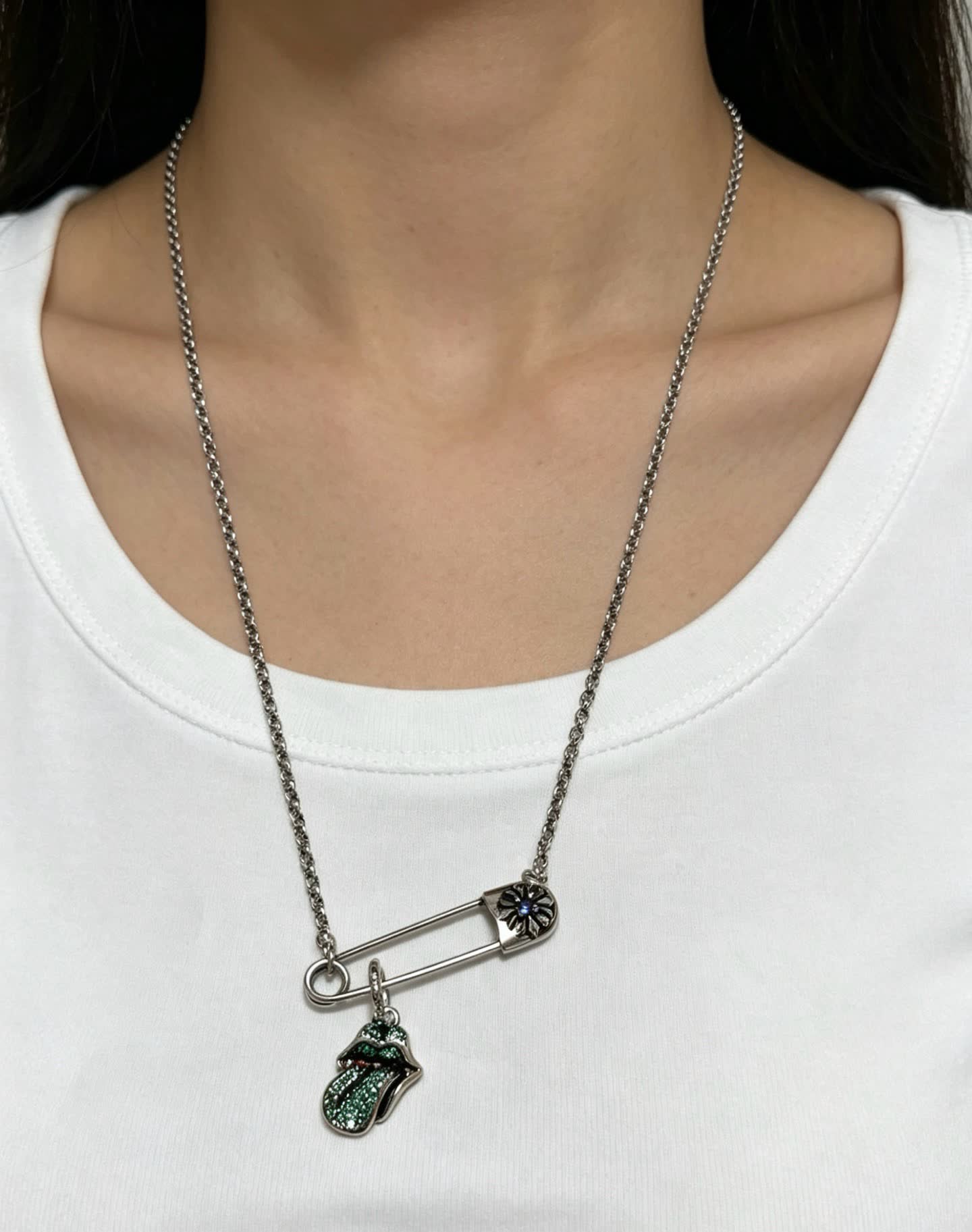Chrome Hearts Rolling Stones Tongue Safety Pin Necklace